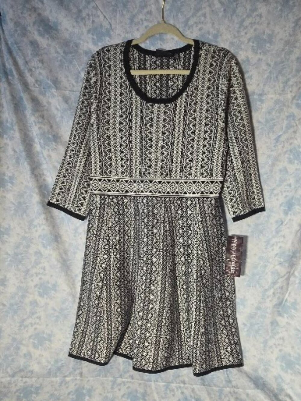 NWT Nina Leonard Jacquard Knit Fit & Flare Sweater Dress XL Black White